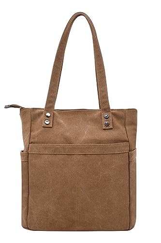 Damen Henkeltasche Canvas Handtasche Tote Bag Große Kapazität Schultertasche Shopper Alltag Arbeit mit Vordertasche kaffee von TeeYee