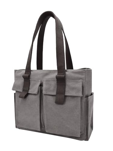 Damen Henkeltasche Große Canvas Schultertasche Handtasche Tote Bag Shopper mit Viel Fächer Alltag Arbeit grau von TeeYee