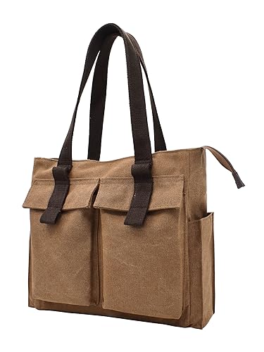 Damen Henkeltasche Große Canvas Schultertasche Handtasche Tote Bag Shopper mit Viel Fächer Alltag Arbeit kaffee von TeeYee