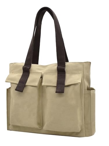 Damen Henkeltasche Große Canvas Schultertasche Handtasche Tote Bag Shopper mit Viel Fächer Alltag Arbeit khaki von TeeYee