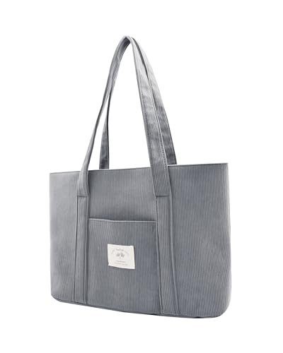 Damen Kord Groß Handtasche Tote Bag Shopper mit Reißverschluss für Bücher Reisen Alltag Schule Arbeit Einkauf Grau von TeeYee
