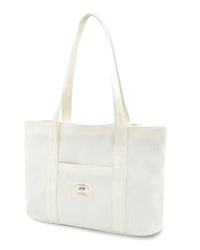 Damen Kord Groß Handtasche Tote Bag Shopper mit Reißverschluss für Bücher Reisen Alltag Schule Arbeit Einkauf beige von TeeYee