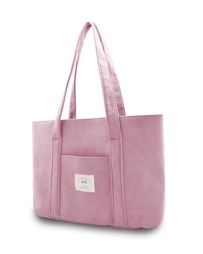 Damen Kord Groß Handtasche Tote Bag Shopper mit Reißverschluss für Bücher Reisen Alltag Schule Arbeit Einkauf rosa von TeeYee