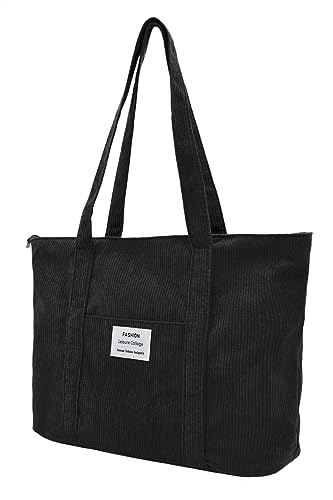 Damen Kord Groß Handtasche Tote Bag Shopper mit Reißverschluss für Bücher Reisen Alltag Schule Arbeit Einkauf schwarz von TeeYee