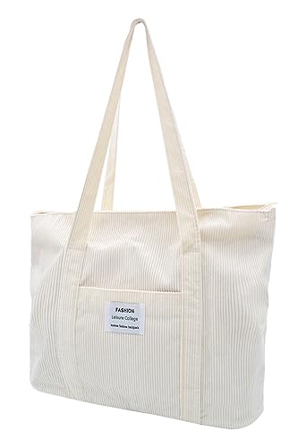 Damen Kord Groß Handtasche Tote Bag Shopper mit Reißverschluss für Bücher Reisen Alltag Schule Arbeit Einkauf weiss von TeeYee