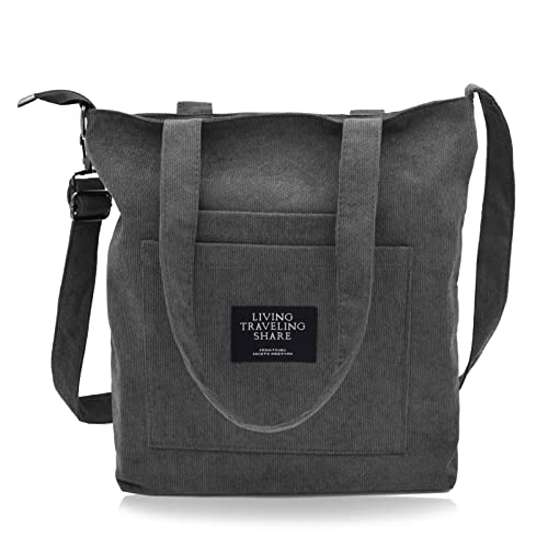 Damen Kord Handtasche Umhängetasche Crossbody Bag mit Reißverschluss für Bücher Reisen Alltag Schule Arbeit Einkauf Schultertasche hellgrau von TeeYee