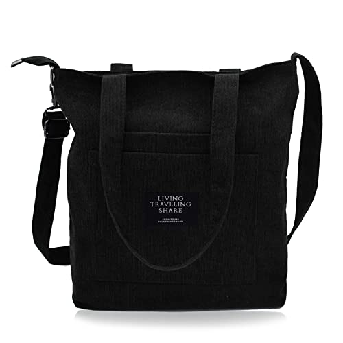 Damen Kord Handtasche Umhängetasche Crossbody Bag mit Reißverschluss für Bücher Reisen Alltag Schule Arbeit Einkauf Schultertasche schwarz von TeeYee