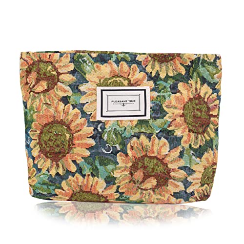 Damen Kosmetiktasche Kulturtasche für Reisen Make-up Tasche Stickerei Blume Multifunktion Organizer Pouch Bag Mäppchen Klein Canvas Handbag Sonnenblume von TeeYee