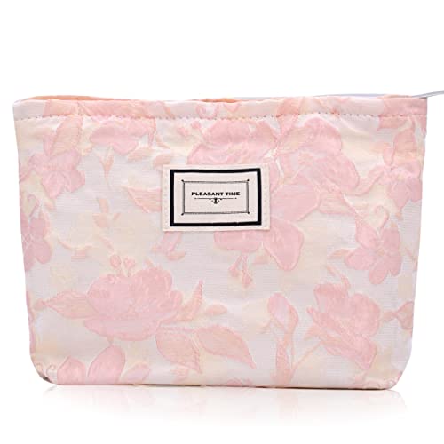 Damen Kosmetiktasche Kulturtasche für Reisen Make-up Tasche Stickerei Blume Multifunktion Organizer Pouch Bag Mäppchen Klein Canvas Handbag rosaBlume von TeeYee