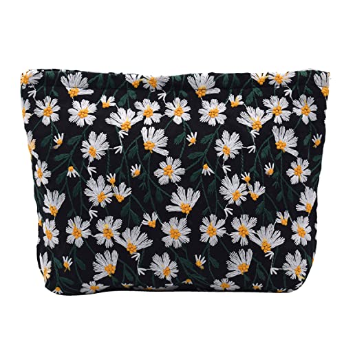 Damen Kosmetiktasche Make up Tasche Organizer mit Reißverschluss Reise Kulturbeutel Stickerei Gänseblümchen schwarz Gänseblümchen von TeeYee