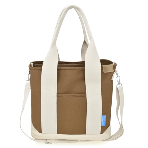 Damen Mittelgroß Handtasche Canvas Satchel Tote Bag Umhängetasche Shopper für Bücher Alltag Arbeit Schultertasche braun von TeeYee