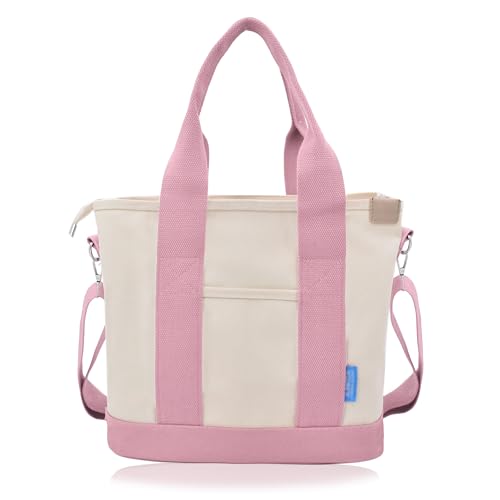 Damen Mittelgroß Handtasche Canvas Satchel Tote Bag Umhängetasche Shopper für Bücher Alltag Arbeit Schultertasche rosa von TeeYee