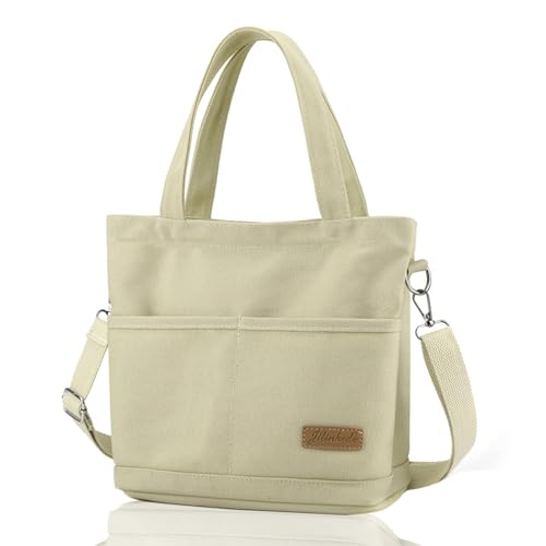 Damen Mittelgroß Handtasche Canvas Umhängetasche Tote Bag Schultertasche Shopper für Bücher Alltag Arbeit mit Vordertasche Umnehmbare Schultergurt beige von TeeYee