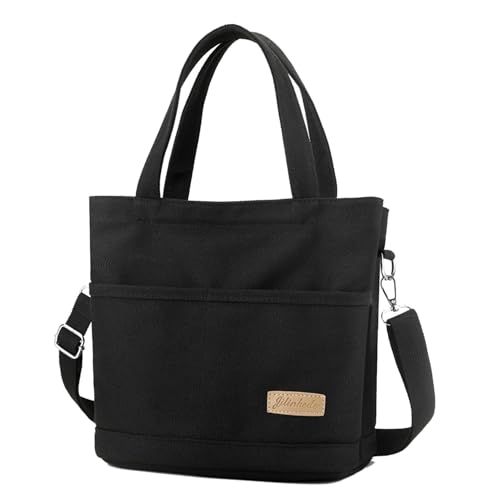 Damen Mittelgroß Handtasche Canvas Umhängetasche Tote Bag Schultertasche Shopper für Bücher Alltag Arbeit mit Vordertasche Umnehmbare Schultergurt schwarz von TeeYee