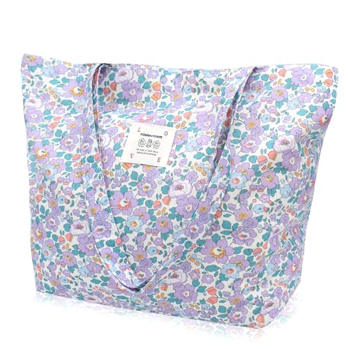 Damen Stofftaschen Blume Tote Tasche Umhängetasche Leicht Große Kapazität Student Shopping Beach Bag Violett von TeeYee