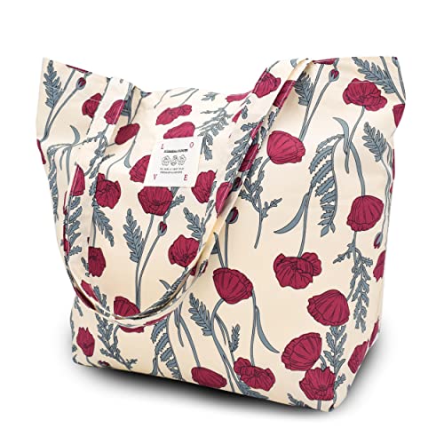 Damen Stofftaschen Blume Tote Tasche Umhängetasche Leicht Große Kapazität Student Shopping Beach Bag beigeRosa von TeeYee