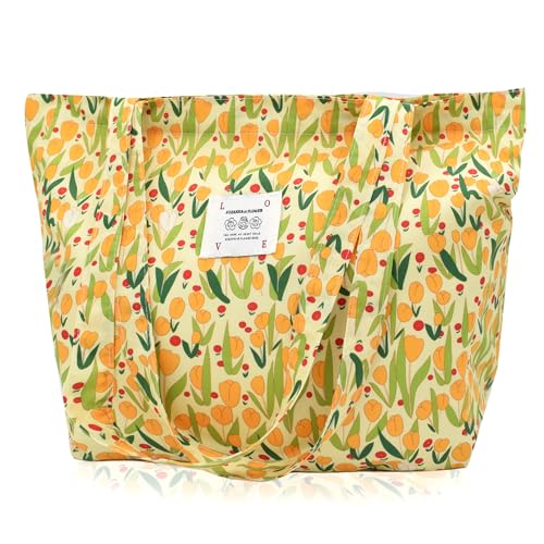 Damen Stofftaschen Blume Tote Tasche Umhängetasche Leicht Große Kapazität Student Shopping Beach Bag gelb Tulpe von TeeYee