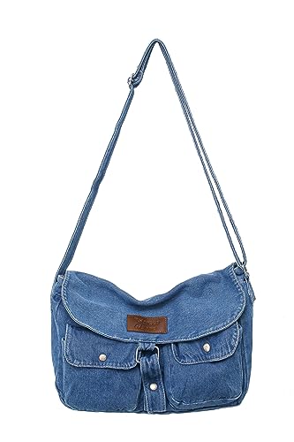 Denim Umhängetasche Damen Crossbody Bag Mädchen Schultertasche Messenger Bag Casual Tasche mit Mehreren Fächer für Arbeit Schule Shopper hellblau von TeeYee