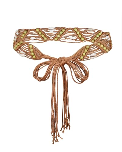 Flechtgürtel Damen Boho Style Kleid Taillengürtel Quaste Gürtel Seil Geflecht Holzperlen Bund Bindegürtel Schmaler Gürtel Tan von TeeYee