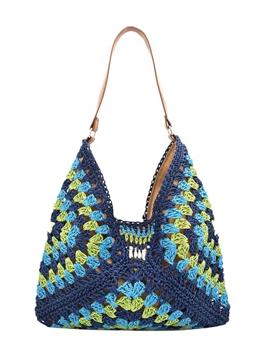Gewebte Tasche Vintage Strandtasche Damen Geflochtene Tasche Häkeltasche Sommer für Strand Einkaufen Reisen Alltag Blau von TeeYee