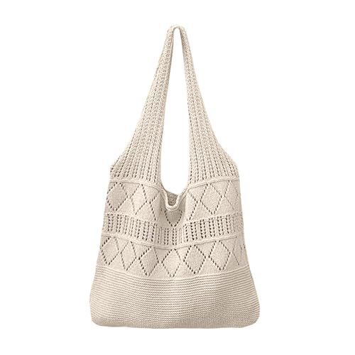 Gewebte Tasche Vintage Strandtasche Damen Häkeltasche Geflochtene Tasche Sommer mit Hohle Design für Strand Alltag Reisen Apricot von TeeYee