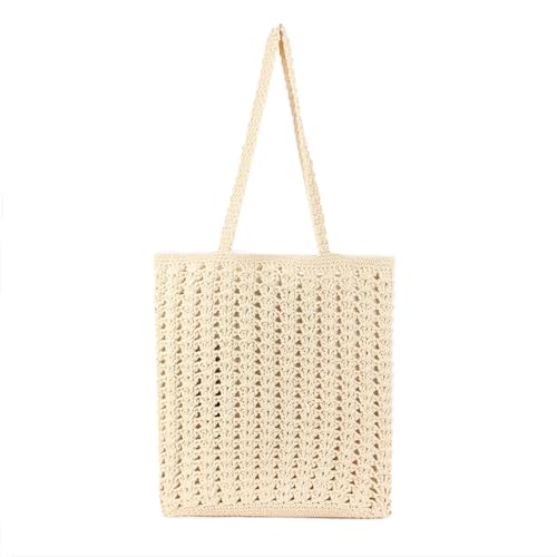 Gewebte Tasche Vintage Strandtasche Damen Häkeltasche Geflochtene Tasche mit Hohle Design Sommer für Strand Reisen Urlaub Beige von TeeYee