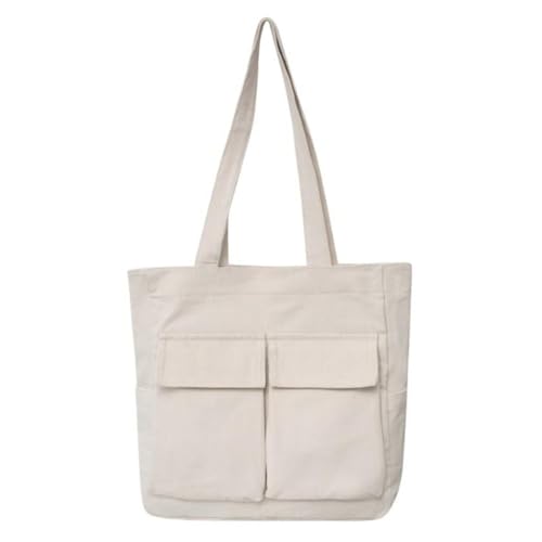 Große Damen Shopper Canvas Tasche Tote Bag Schultertasche Shopper mit Vordertaschen und Große Kapazität für Arbeit weiß 188 von TeeYee