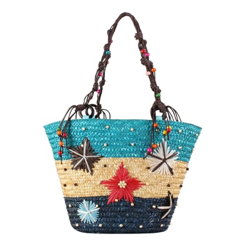 Strandtasche Damen Stroh Handtasche Vintage Strandtasche mit Seesternen und Perlen Sommer für Reisen Einkaufen Alltag Urlaub Blau von TeeYee