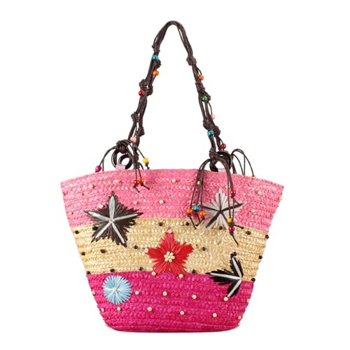 Strandtasche Damen Stroh Handtasche Vintage Strandtasche mit Seesternen und Perlen Sommer für Reisen Einkaufen Alltag Urlaub Rosa von TeeYee