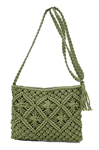 TeeYee Damen Exotisch Geflochtene Umhängetasche Strandtasche Retro Handtasche mit Quaste für Freizeit Urlaub grün von TeeYee