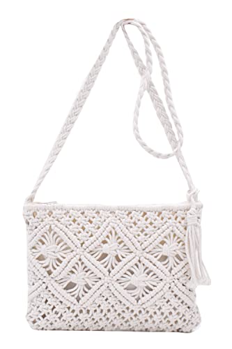 TeeYee Damen Exotisch Geflochtene Umhängetasche Strandtasche Retro Handtasche mit Quaste für Freizeit Urlaub weiß von TeeYee