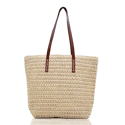 TeeYee Damen Geflochtene Umhängetasche Strandtasche Schulterstrohsack Handtasche für Freizeit Urlaub 116beige von TeeYee