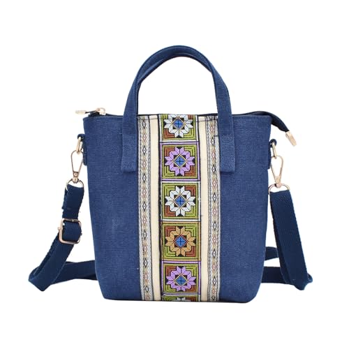 TeeYee Damen Klein Boho Canvas Umhängetasche Embroidery Mini Crossbody Bag Handtasche mit Abnehmbarer Schultergurt dunkelblau von TeeYee