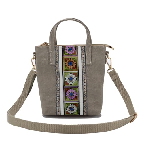 TeeYee Damen Klein Boho Canvas Umhängetasche Embroidery Mini Crossbody Bag Handtasche mit Abnehmbarer Schultergurt grau von TeeYee
