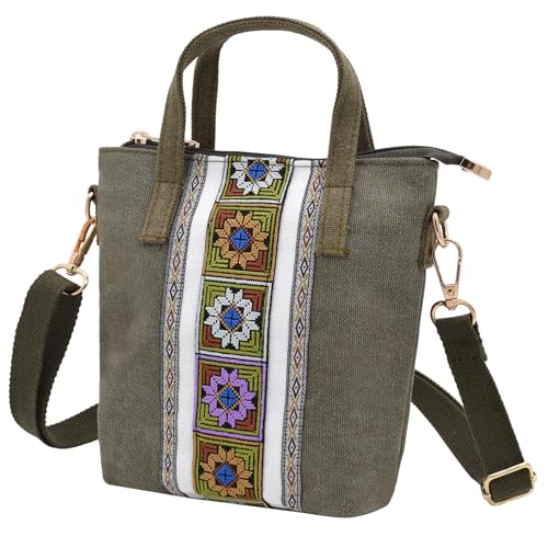TeeYee Damen Klein Boho Canvas Umhängetasche Embroidery Mini Crossbody Bag Handtasche mit Abnehmbarer Schultergurt grün von TeeYee