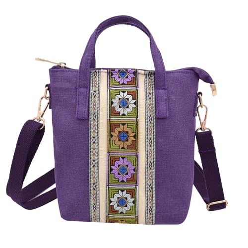 TeeYee Damen Klein Boho Canvas Umhängetasche Embroidery Mini Crossbody Bag Handtasche mit Abnehmbarer Schultergurt lila von TeeYee