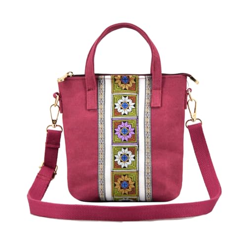 TeeYee Damen Klein Boho Canvas Umhängetasche Embroidery Mini Crossbody Bag Handtasche mit Abnehmbarer Schultergurt rot von TeeYee