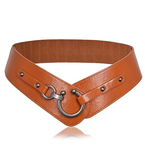 TeeYee Damen Ledergürtel Mode Runde Haken Design Breite Hüfrgürtel Elastische Gürtel für Mädchen braun XXL von TeeYee