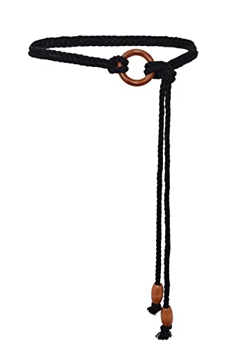 TeeYee Damen Mädchen Geflochtene Gürtel Bauchkette mit Taillenkordelschnalle Holzperlen 123cm Lang Waist Belt 251 schwarz von TeeYee