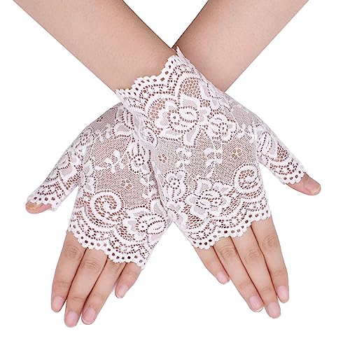 TeeYee Damen Spitze Fingerlose Handschuhe Halb Finger Spitzenhandschuhe Mesh Spitze Sommer Handschuhe für Hochzeit Braut 120Weiß von TeeYee