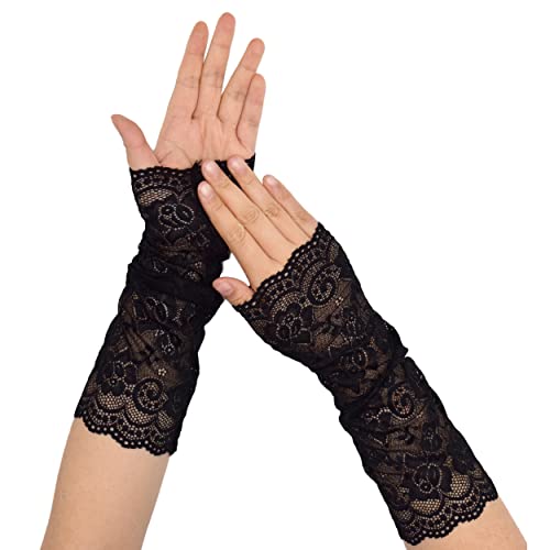 TeeYee Damen Spitze Handschuhen Halb Finger Lang Handschuhen Mesh Spitze Knigge Sommer Handschuhe Blume Pattern für Hochzeit Braut 114schwarz von TeeYee