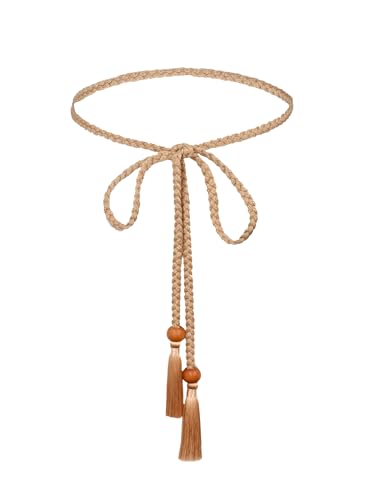 TeeYee Damen Taillengürtel Boho Gürtel mit Quaste Mädchen Flechtgürtel Bindegürtel Bauchkette Schmaler Gürtel für Kleid Belt Women 279Apricot von TeeYee