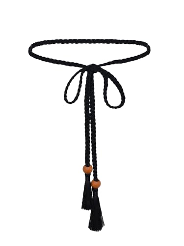 TeeYee Damen Taillengürtel Boho Gürtel mit Quaste Mädchen Flechtgürtel Bindegürtel Bauchkette Schmaler Gürtel für Kleid Belt Women 279Schwarz von TeeYee