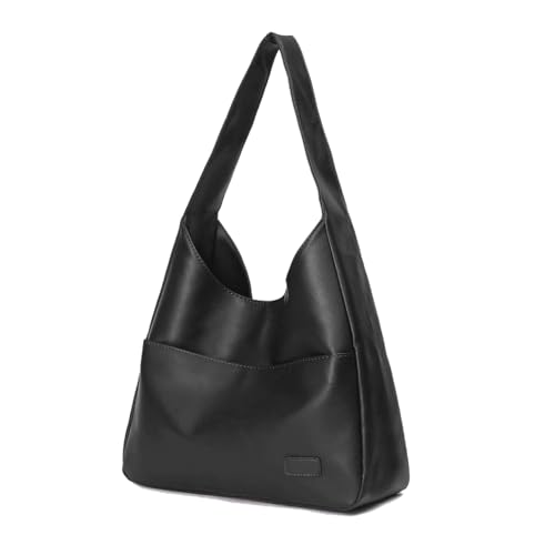 TeeYee Damen Tragetasche PU Leder Hobo Schultertasche Retro Stil Tote Bag Umhängetasche mit Reißverschluss für Arbeite Büro Reise schwarz von TeeYee