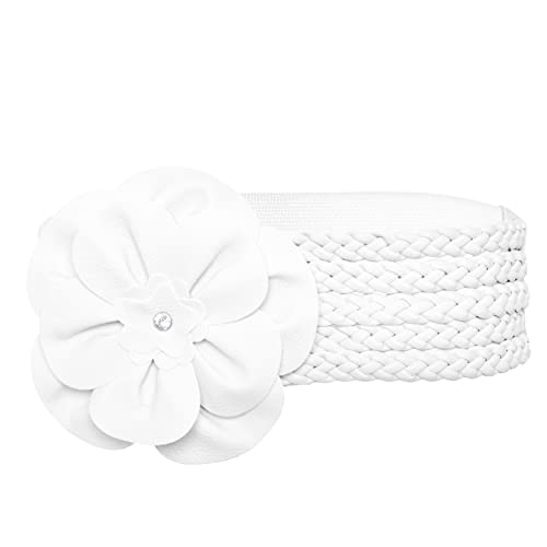 TeeYee Große Blume Taillengürtel Exotisch für Damen Mädchen Breites geflochtenes Gummiband Verstellbarer dehnbarer Cinch Obi Gürtel weiss von TeeYee