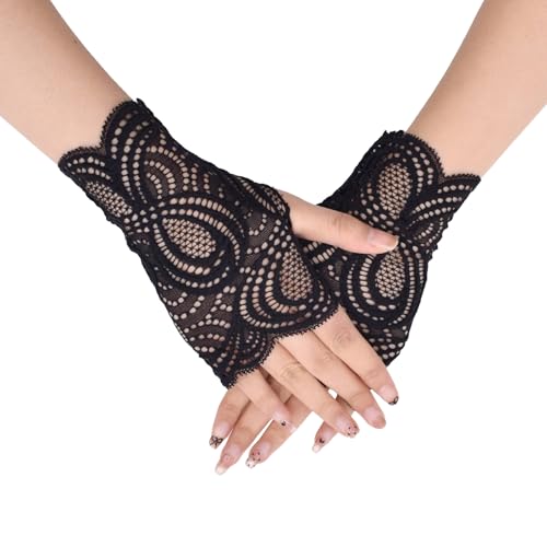 TeeYee Handschuhe Damen Elegant Damen Spitze Fingerlose Mesh Spitzen Handschuhe Spitzenhandschuhe für Hochzeit Braut Knigge Schwarz-129 von TeeYee