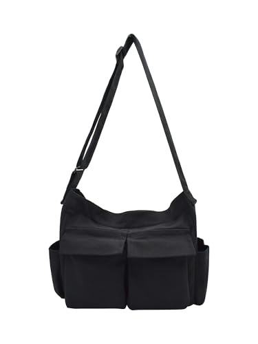 TeeYee Messenger Bag Damen Umhängetasche Jungen Canvas Crossbody Bag mit Vordertaschen Schultertasche Shopper Tote Hobo für Arbeit Schule schwarz von TeeYee