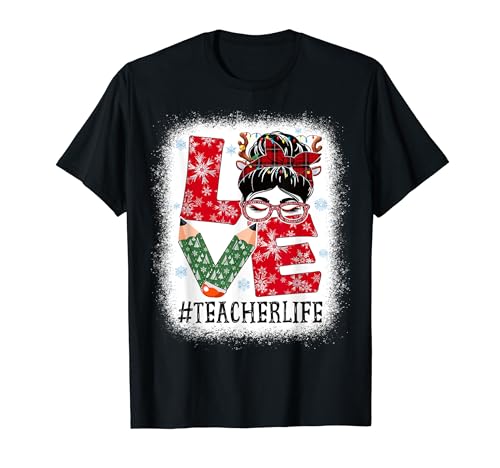 Teacher Love Christmas Woman Messy Bun Rentier Büffel Xmas T-Shirt von TeeaxArt Messy Bun Christmas Apparel & Gifts