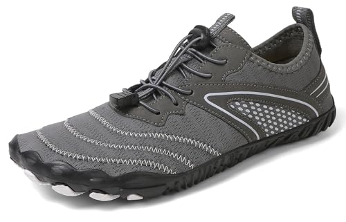 Teechodina Unisex Traillaufschuhe Herren Damen Wanderschuhe Barfußschuhe Laufschuhe Knit Sneaker Fitnessschuhe Fivefinger Zehenschuhe, A13- Grau, 38 von Teechodina