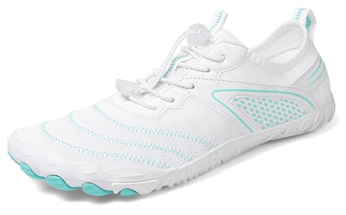 Teechodina Unisex Traillaufschuhe Herren Damen Wanderschuhe Barfußschuhe Laufschuhe Knit Sneaker Fitnessschuhe Fivefinger Zehenschuhe, A13- Weiß Blau, 42 von Teechodina